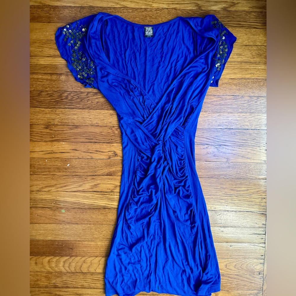 Free People Ruched Mini Blue Dress with Beading Size XS